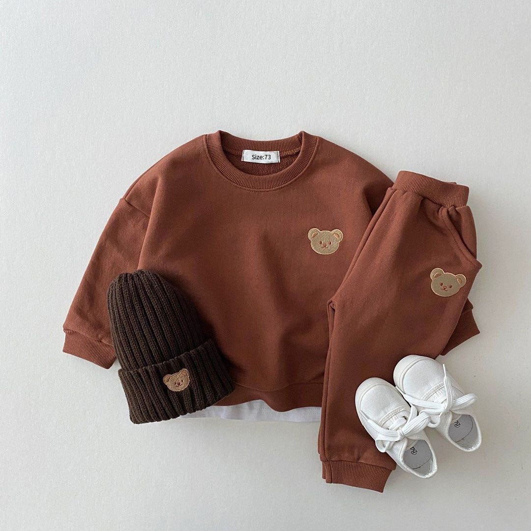 Korean version ins newborn baby cotton bear round neck sweater sports suit baby casual cartoon two-piece suit