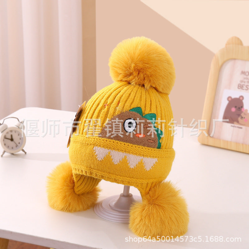 New autumn and winter children's warm hats cute bear double ball hats infant baby warm ear protection knitted wool hat