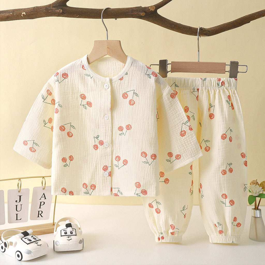 Children's thin double-layer cotton gauze boy's pajamas summer girl's home clothes boy's baby long-sleeved bloomers suit