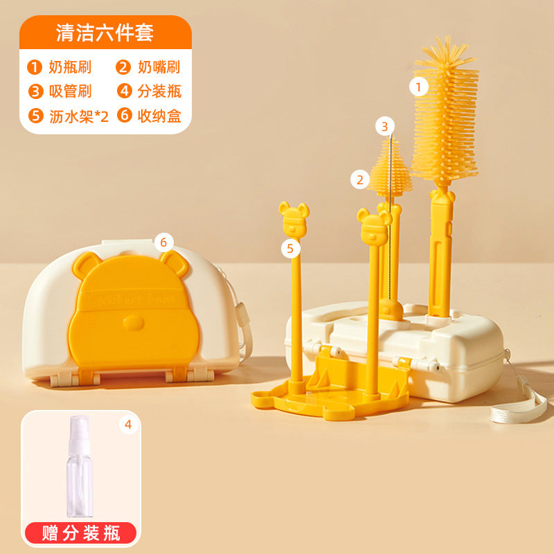 Infant cleaning brush set children's straw brush cup brush drain rack with storage box baby silicone bottle brush