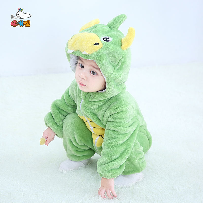 Mimi miles green dinosaur baby hooded animal crawling clothes flannel children's clothes cute baby crawling clothes