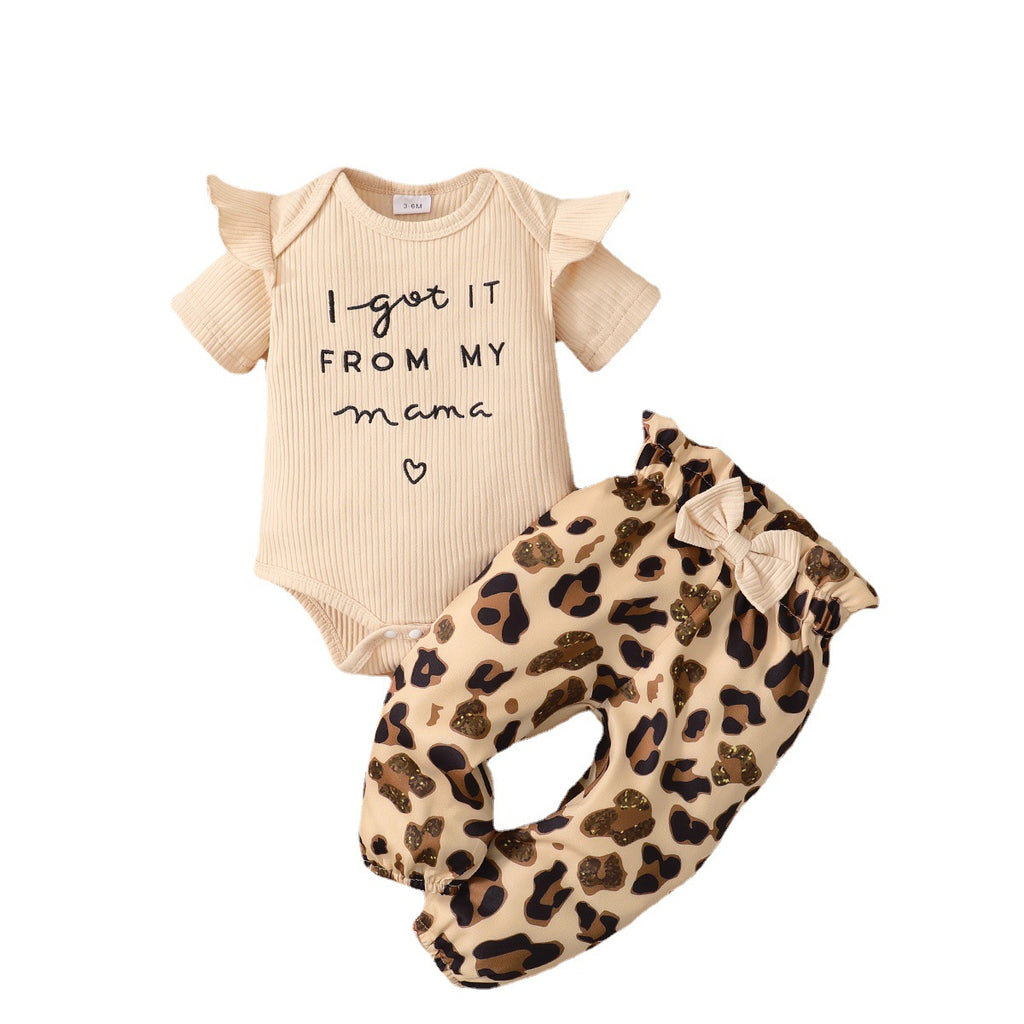 Amazon ebay new baby girl summer cute stylish knitted three-piece short-sleeved romper leopard print suit