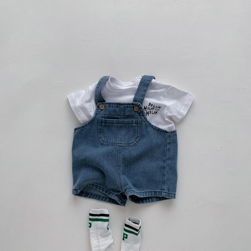 Children's denim overalls 2024 new girls' thin overalls baby fashionable summer loose shorts