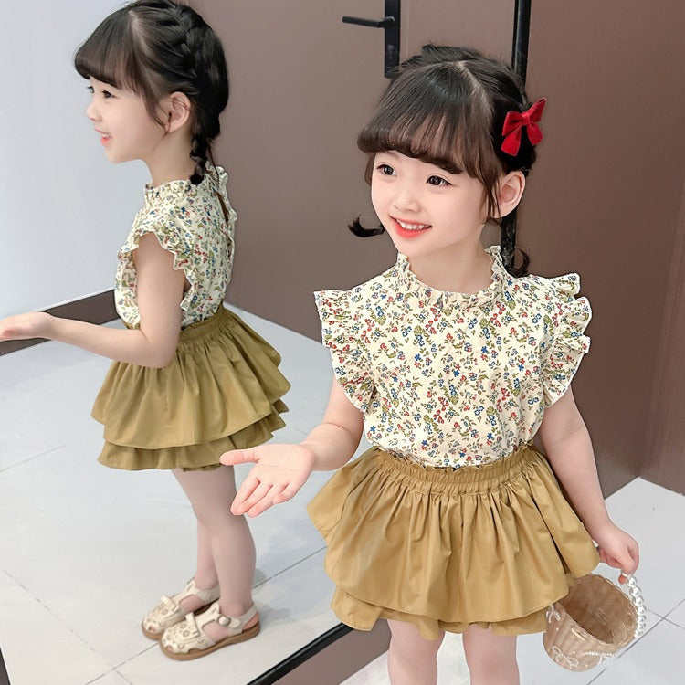 Korean children's clothing summer new style girls' fashionable suit baby floral ruffle shirt flower bud pants two-piece suit trendy