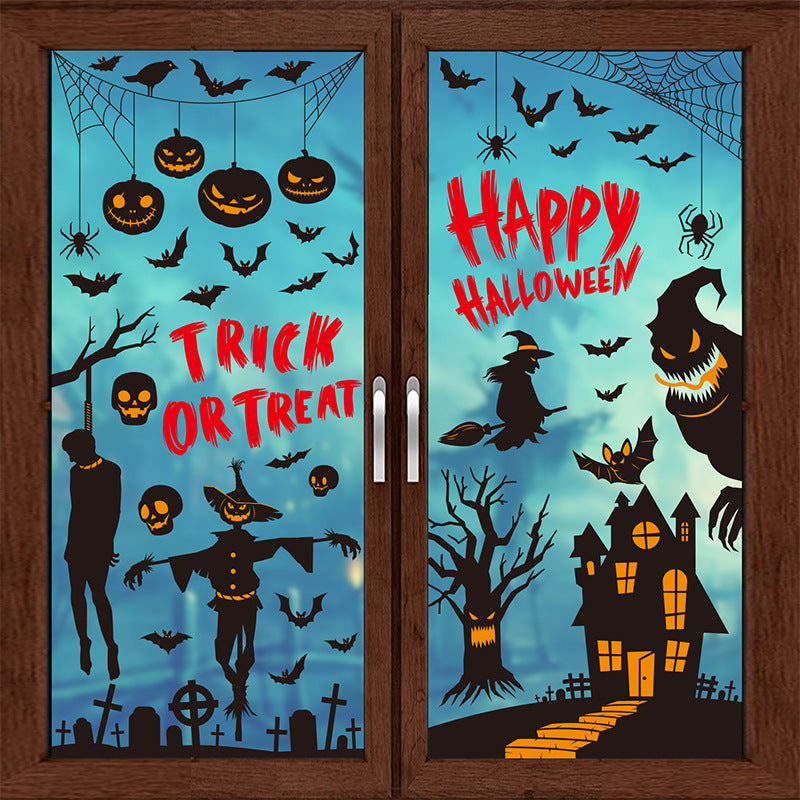 Halloween Window Decoration Paper Haunted House Pumpkin Ghost Bat Static Glass Window Sticker Halloween Party Window Sticker