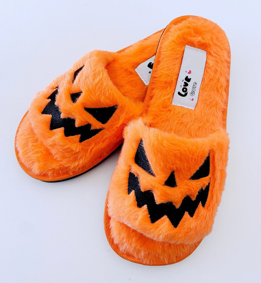 Cross-border plus size slippers female Halloween pumpkin lantern soft European and American plush open toe outer wear plush