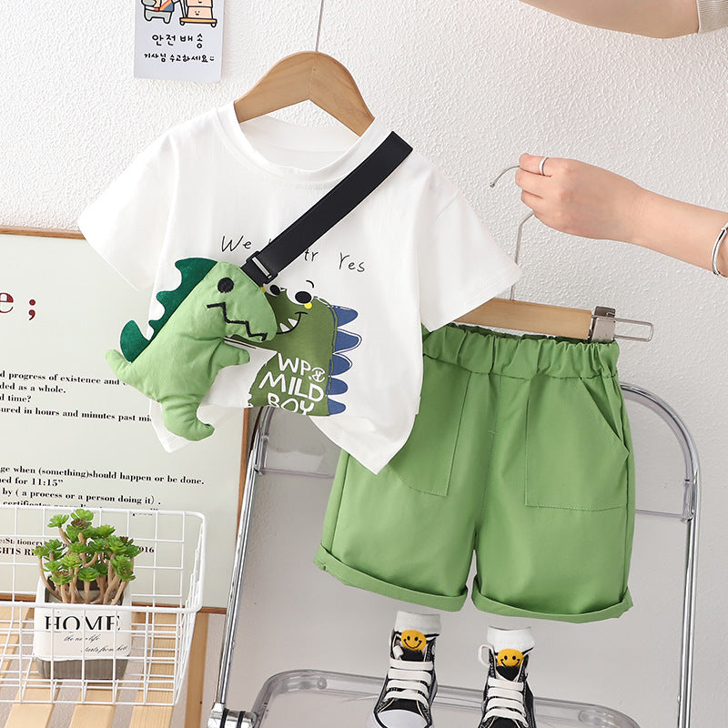 2023 summer new boys cartoon round neck short-sleeved suit with dolls baby boy sports shorts two-piece suit trendy