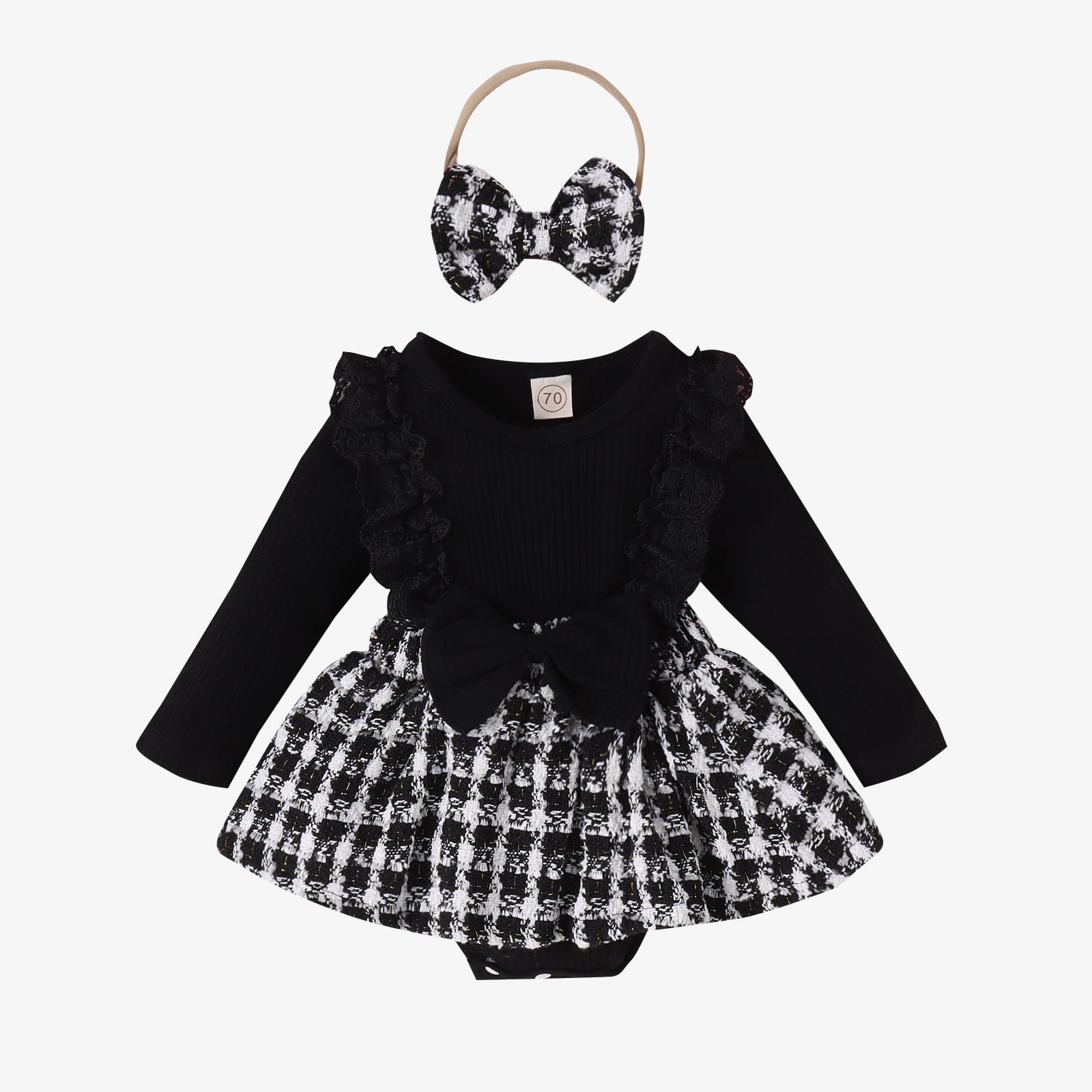 Baoxin children's clothing Xiaoxiang style autumn and winter baby girl lace long sleeve splicing woven plaid skirt bowknot romper