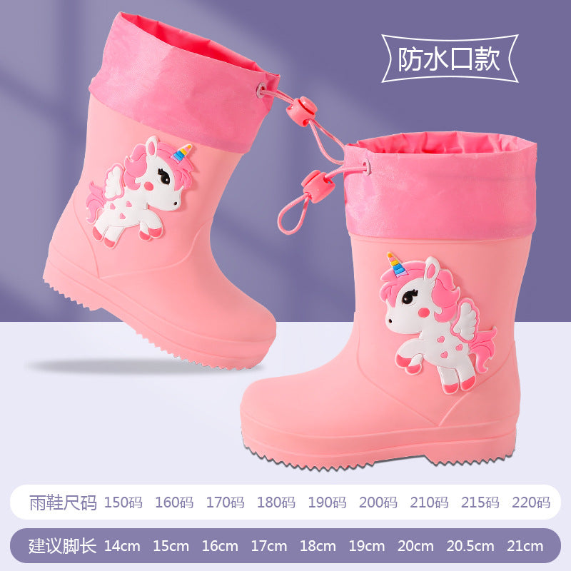 Children's rain boots kindergarten baby new style girls non-slip waterproof rain boots drawstring boy water shoes cartoon high