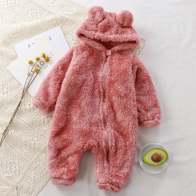 Baby jumpsuit, winter newborn warm rompers, baby plush outer coveralls, children's pajamas, bear clothes
