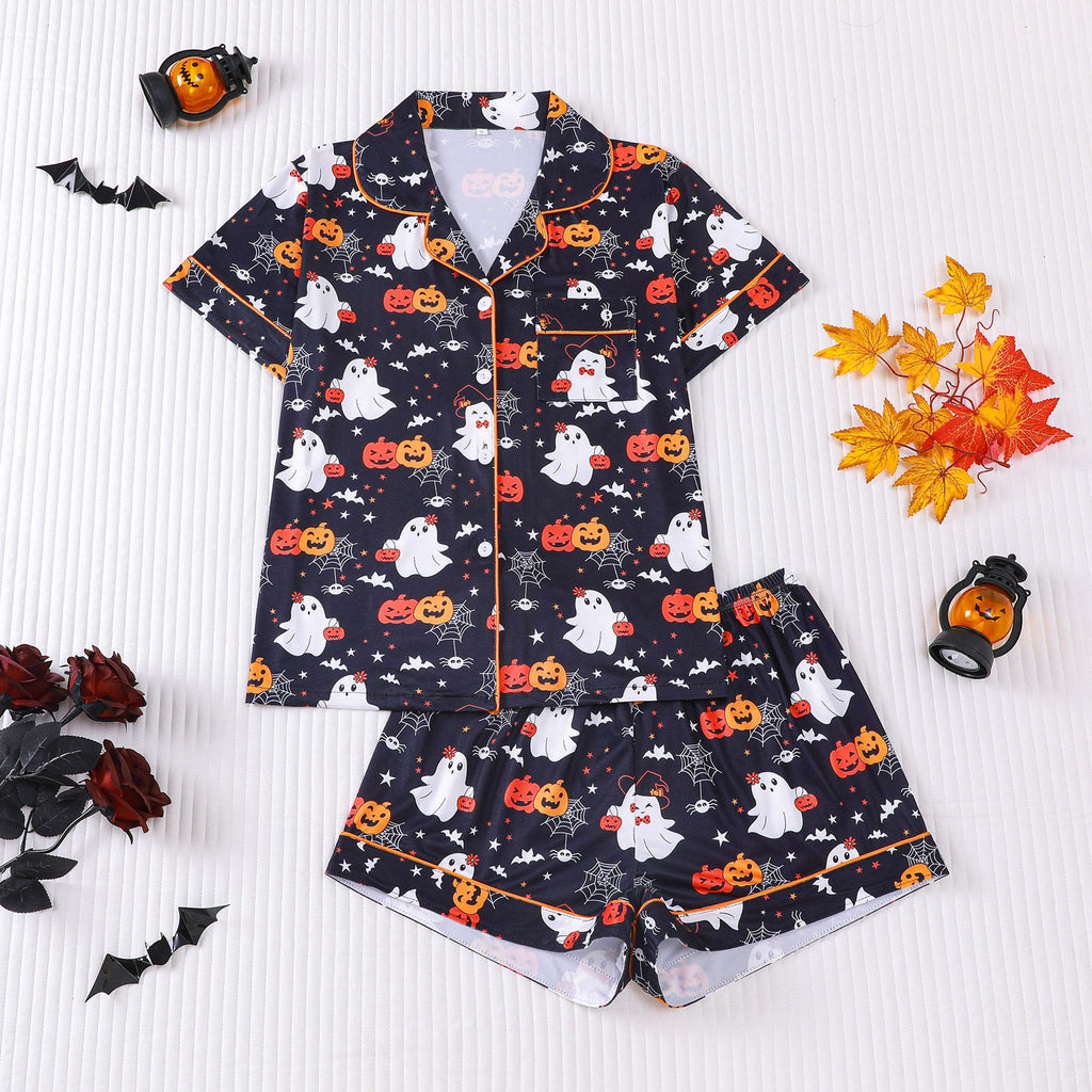 Cross-border foreign trade new European and American women's pajamas Halloween print lapel short-sleeved shorts European and American home clothes suit