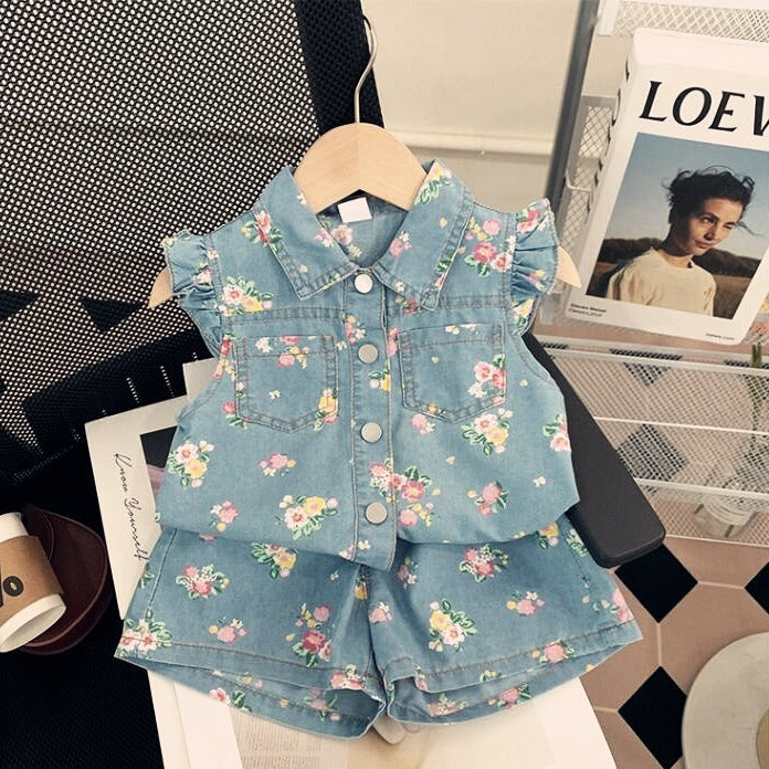 2024 Summer Girls Flying Sleeve Denim Printed Suit Baby Girl Fashion Single-Breasted Top Shorts Two-piece Suit