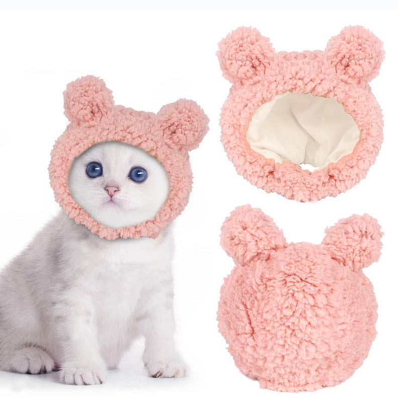 New pet hat bear plush head cover cute cat dog woven warm headdress dress up pet clothes
