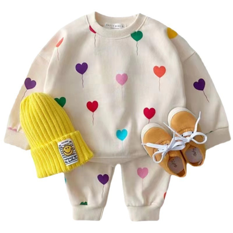 Category A infant suit stylish love balloon boy and girl children's clothing sweatshirt pants baby pure cotton split two-piece suit