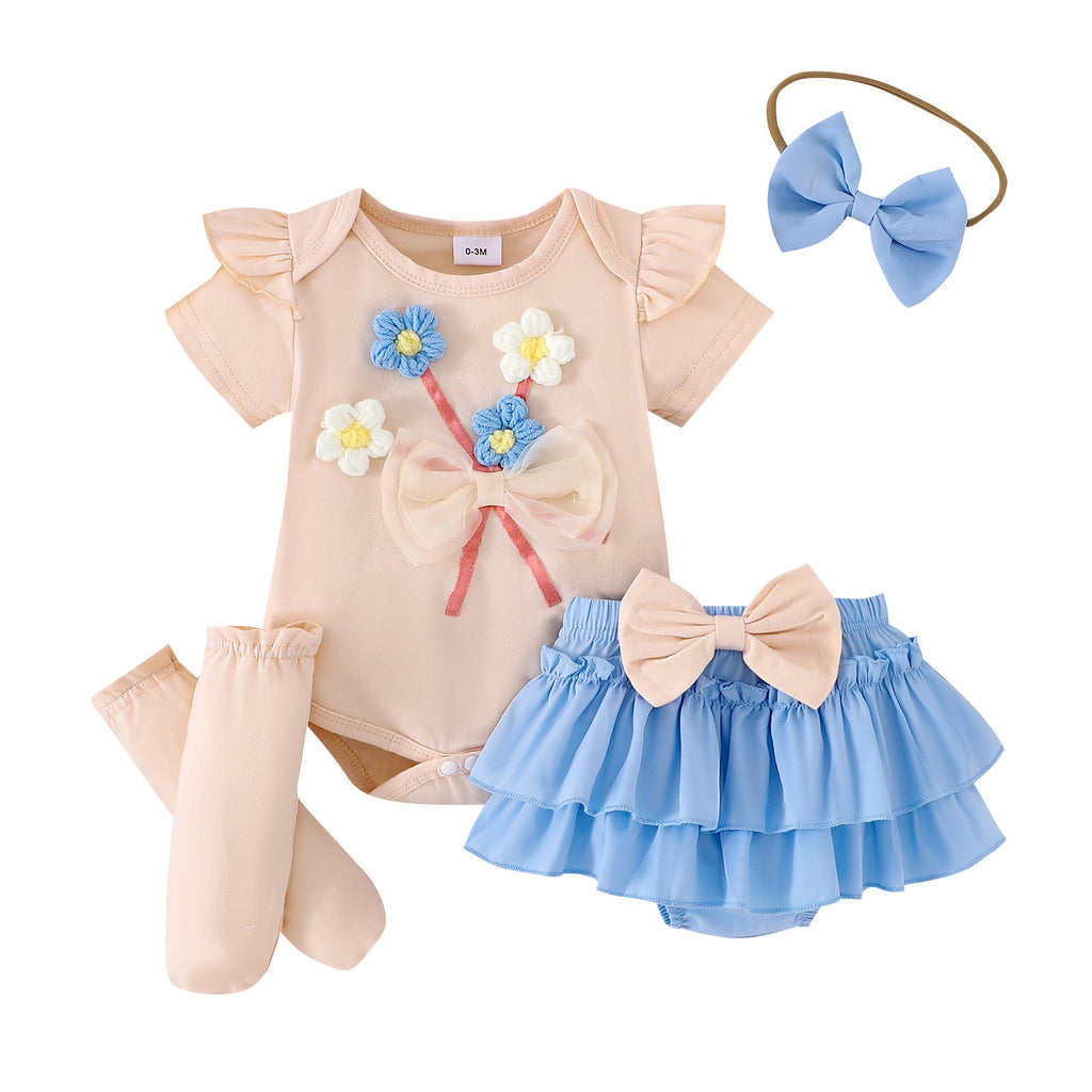 Cross-border European and American summer baby girl suits, small and medium-sized children's baby rompers, bow short skirts, socks, headwear