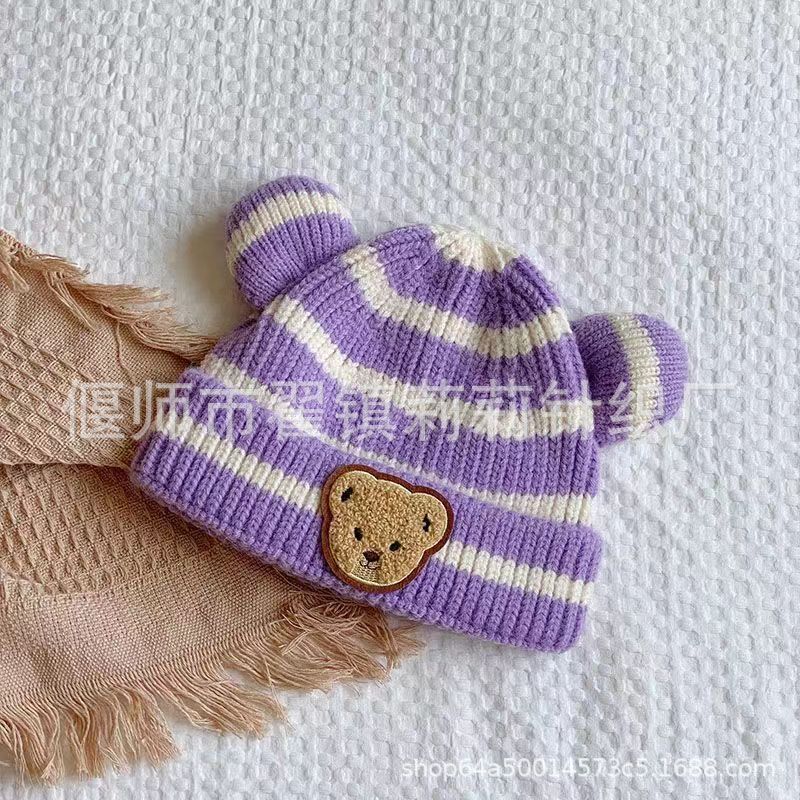 New autumn and winter children's warm hats cute bear double ball hats infant baby warm ear protection knitted wool hat
