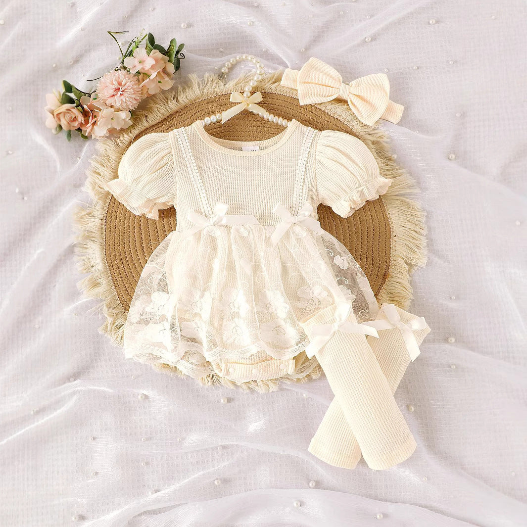 Amazon foreign trade baby suit European and American style summer puff sleeve splicing mesh bag fart romper foot socks headband