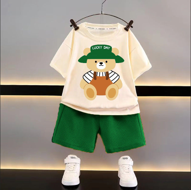 Summer children's short-sleeved shorts suit boy loose casual clothes boy waffle baby children's clothing wholesale