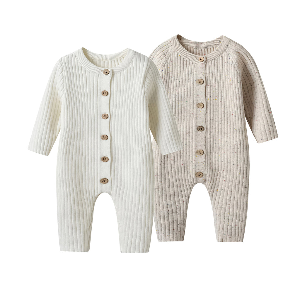 Korean version of ins style baby jumpsuit autumn and winter clothes solid color striped knitted crawling clothes boys and girls baby sweater romper