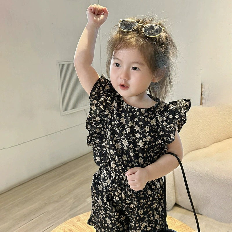 Girls suit summer Korean style children's clothing baby girl cotton floral stylish small flying sleeve children's top shorts two-piece suit