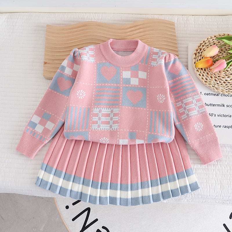 Baby girl sweater skirt children's spring and autumn new knitted two-piece skirt cute geometric pattern sweater skirt foreign trade trend