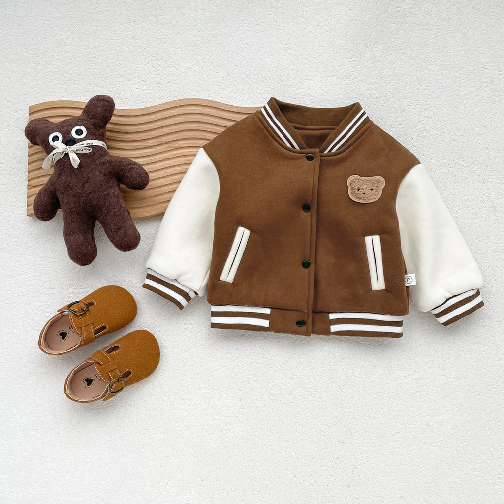 2024 Korean version children's jacket autumn and winter style plus velvet cartoon bear cardigan top baby Korean baseball jacket