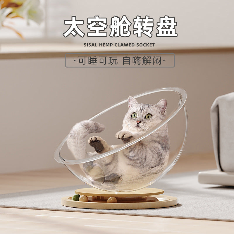 Space capsule acrylic cat bed solid wood turntable toy mint cat play sleep all-in-one pet supplies one piece dropshipping