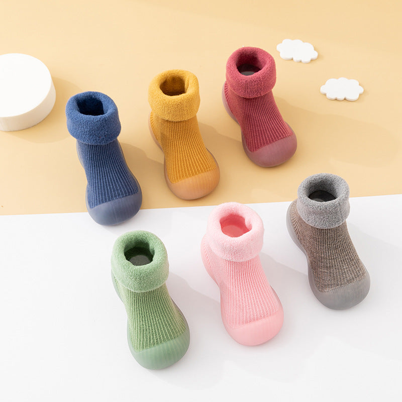 Autumn and winter baby solid color soft sole non-slip toddler shoes children's mid-tube indoor snow warm socks shoes plus velvet thickening