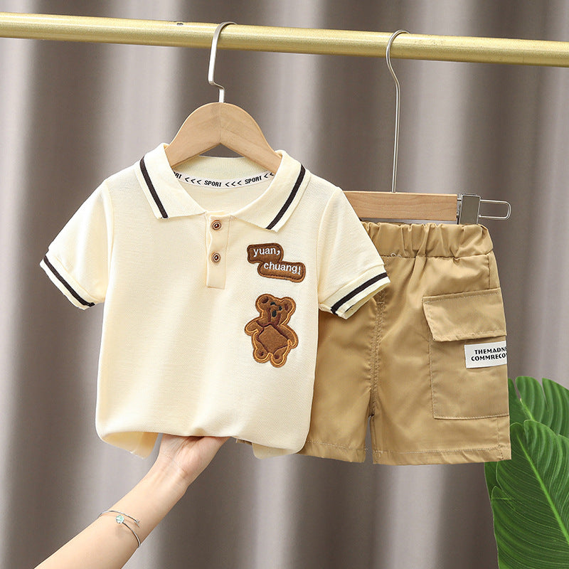 Boys summer clothes children's short-sleeved suits summer new style little boy baby fashion striped polo shirt two-piece suit trendy