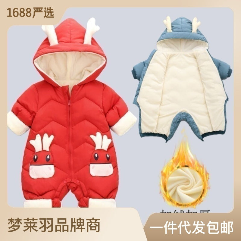 Infants and young children's new baby newborn autumn and winter jumpsuits, down cotton clothes, rompers, plus velvet and thickened bodysuits