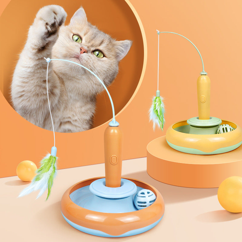 Pet electric cat teaser rod feather fishing rod rotating cat turntable cat special toy self-hi play plate cat teaser ball