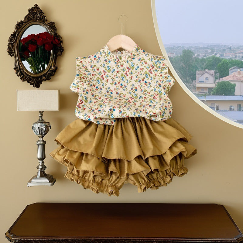 Children's clothing girls Korean version 2025 summer floral stand collar flying sleeves baby shirt khaki cake skirt pants two-piece summer clothes