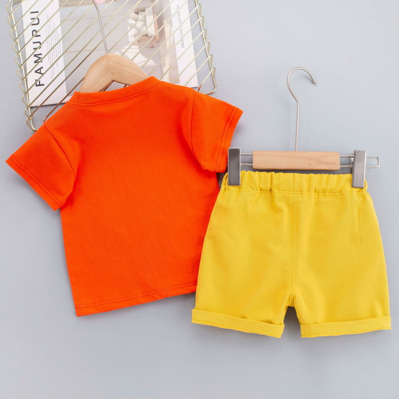 Children's college style suit 2024 summer boys cartoon lion two-piece suit baby boy stylish short-sleeved shorts suit
