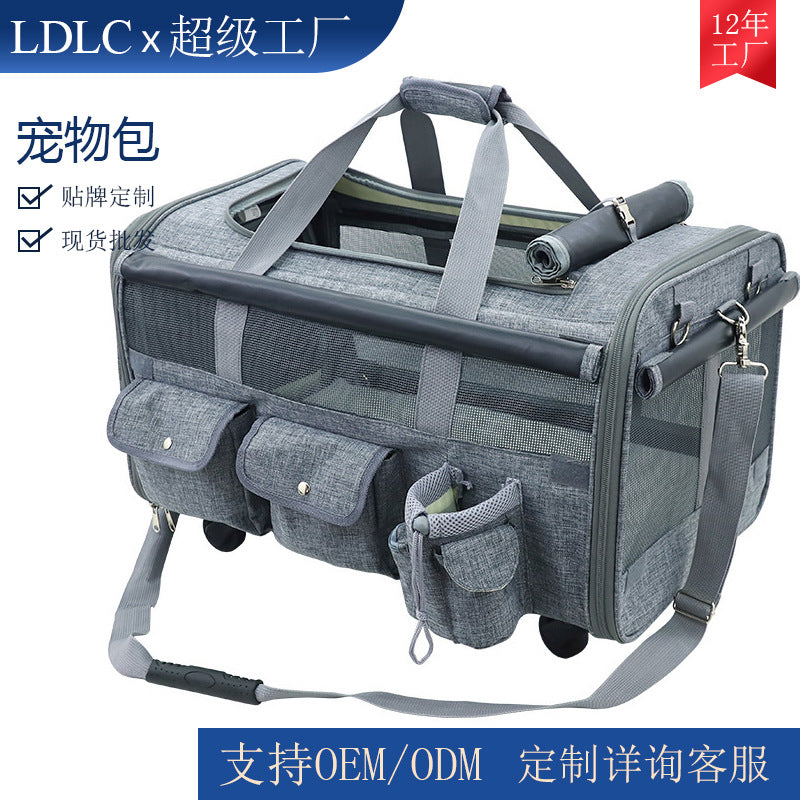Qisheng pet bag OEM processing customized pet stroller large capacity universal wheel pet outing bag wheel cat bag