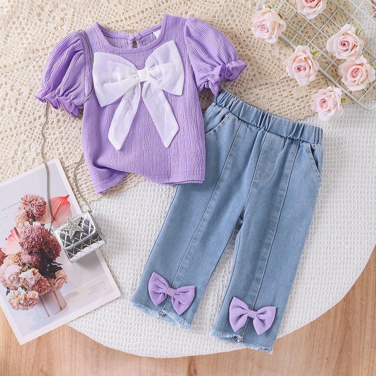 Amazon cross-border children's clothing European and American summer puff sleeve three-dimensional bow top denim trousers baby and toddler suit