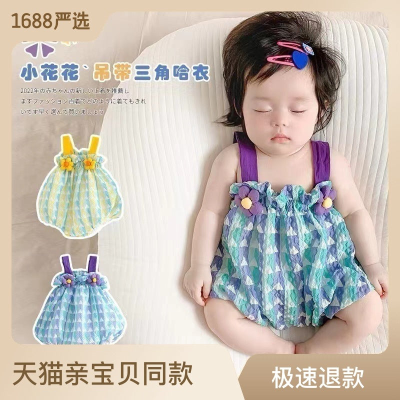 New summer Korean style baby girl three-dimensional flower striped sling lantern fart clothes trendy