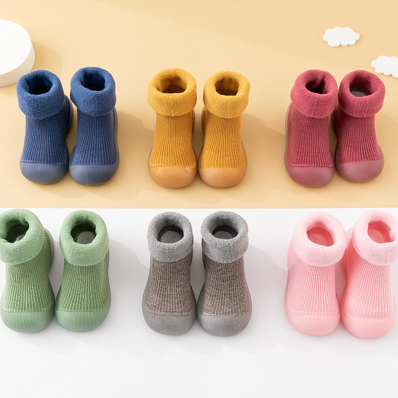 Autumn and winter baby solid color soft sole non-slip toddler shoes children's mid-tube indoor snow warm socks shoes plus velvet thickening