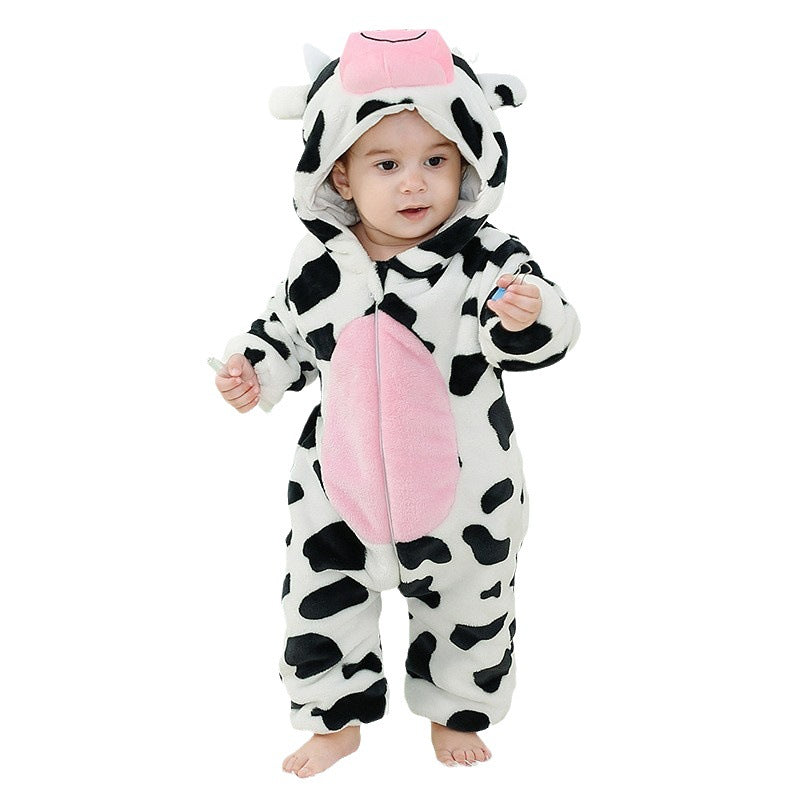 Male and female baby cartoon animal hat jumpsuit cross-border children's clothing cute ears flannel warm sleeping clothes