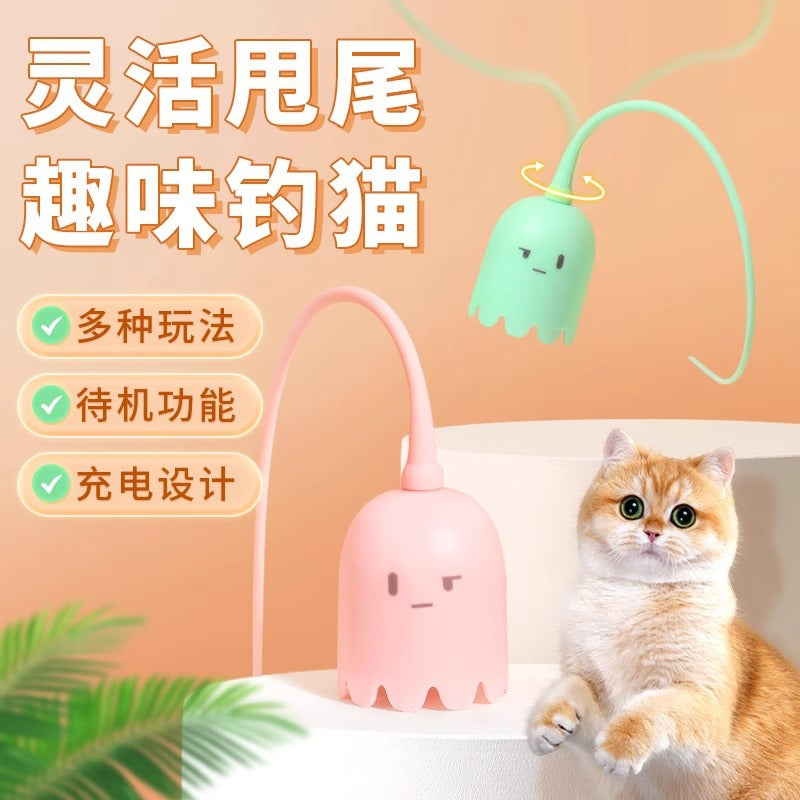 Cross-border cat toy pet electric cat teaser silicone tail bite-resistant electric rotating magic tail self-hilarious boredom relief artifact
