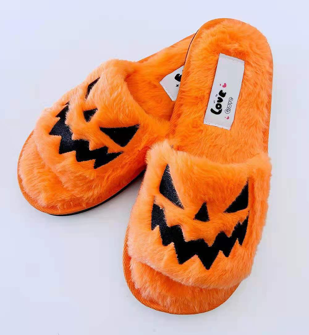 AliExpress autumn slippers Halloween jack-o-lantern slippers soft European and American plush comfortable open-toed outer wear plush slippers
