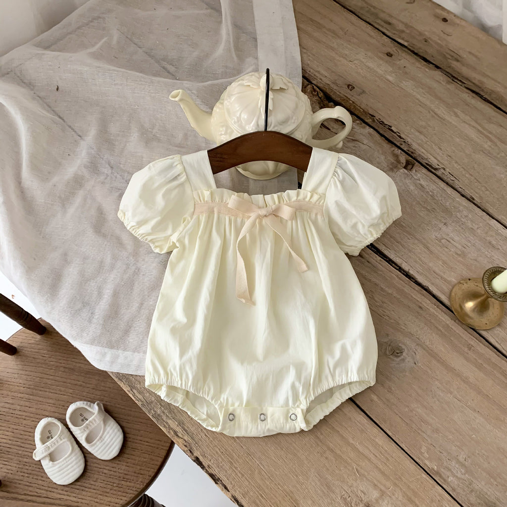 2023 Summer Infant and Toddler Jumpsuit Small Floral Bow Knot Baby Girl Puff Sleeve Harness Covered Romper