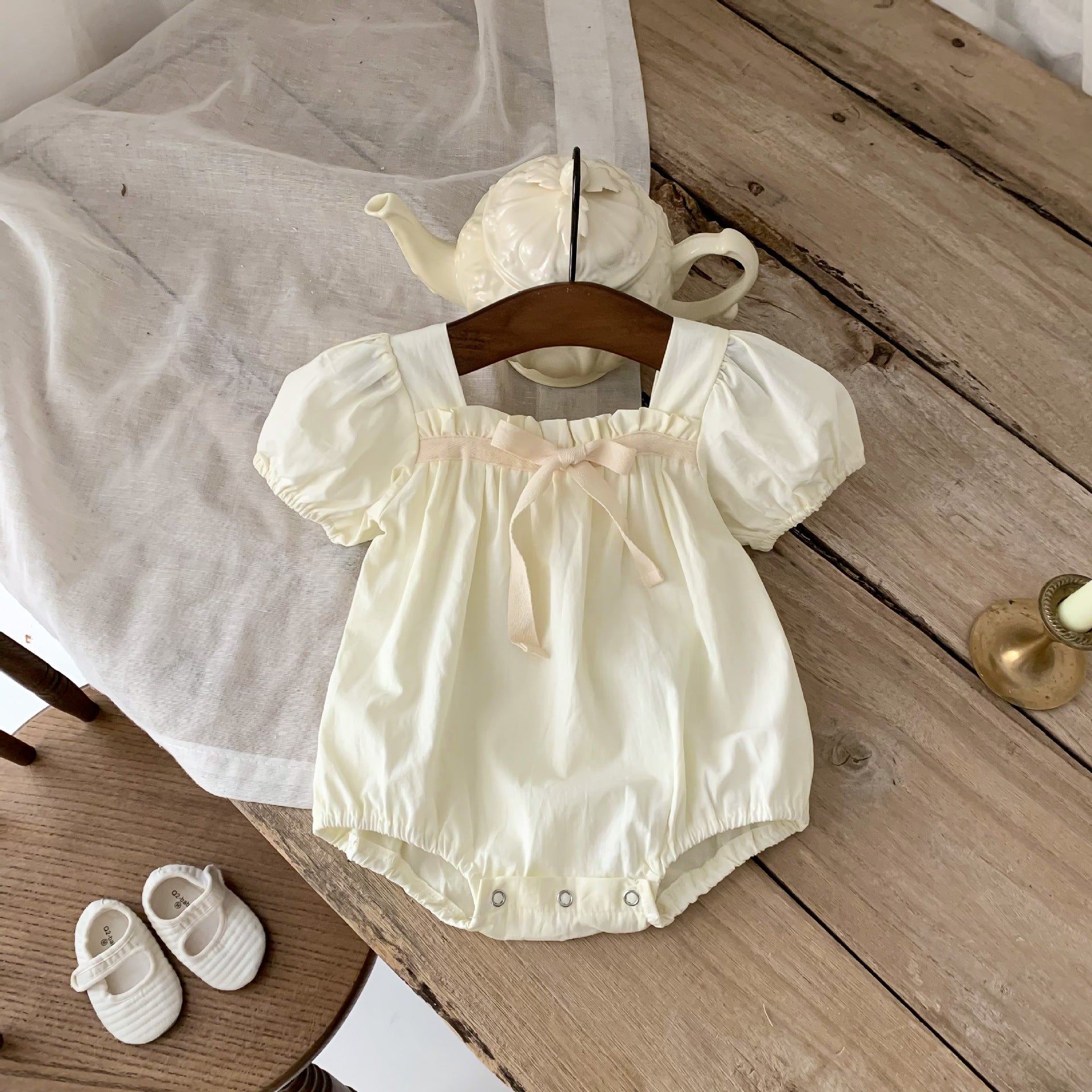 2023 Summer Infant and Toddler Jumpsuit Small Floral Bow Knot Baby Girl Puff Sleeve Harness Covered Romper
