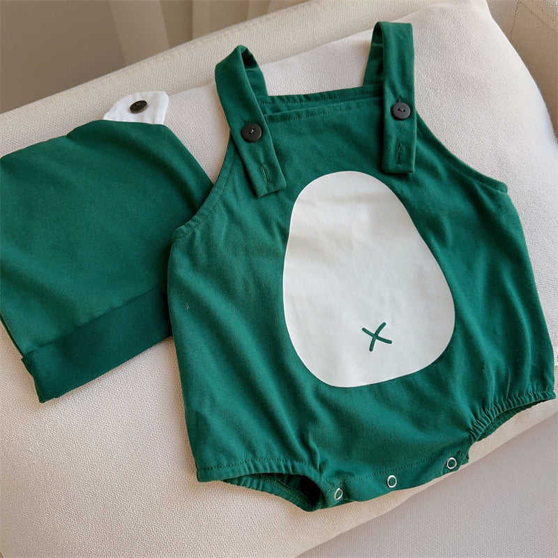 Toddler summer clothes Korean version 2023 new baby white T-shirt suspenders crawling clothes set with hat three-piece summer clothes