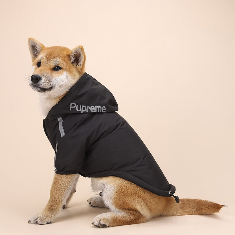 Pet clothes, autumn and winter dog clothes, velvet thickened jacket, two-legged hooded raincoat, reflective striped cotton coat