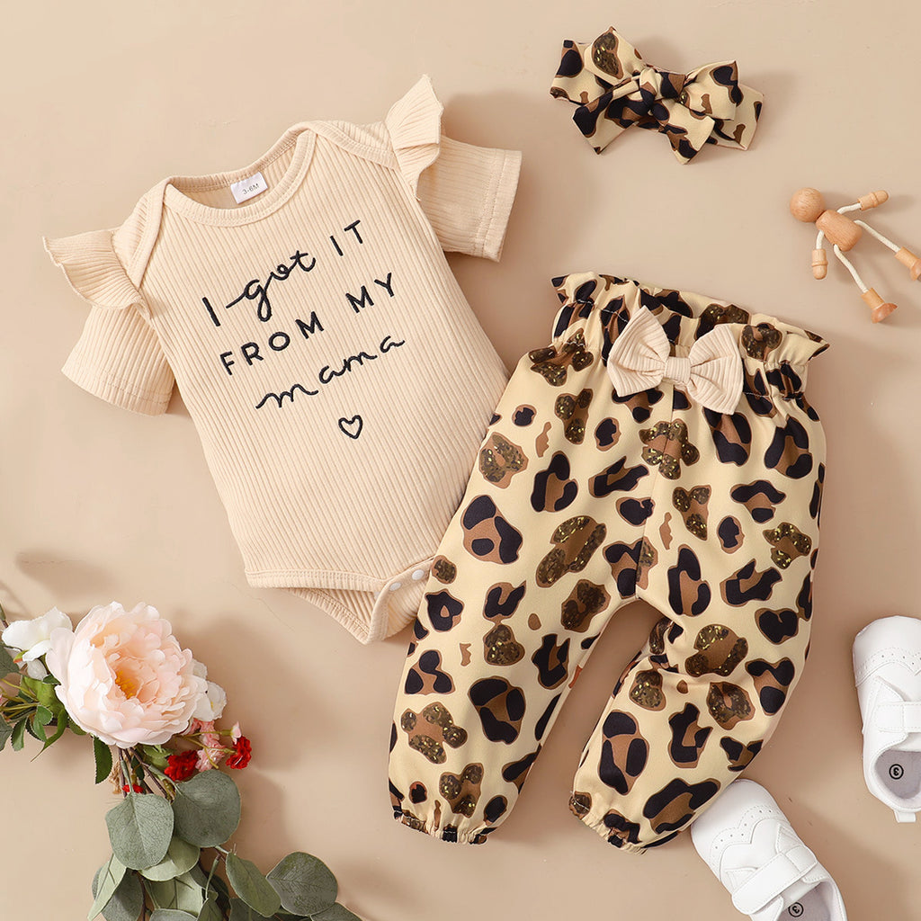 Amazon ebay new baby girl summer cute stylish knitted three-piece short-sleeved romper leopard print suit