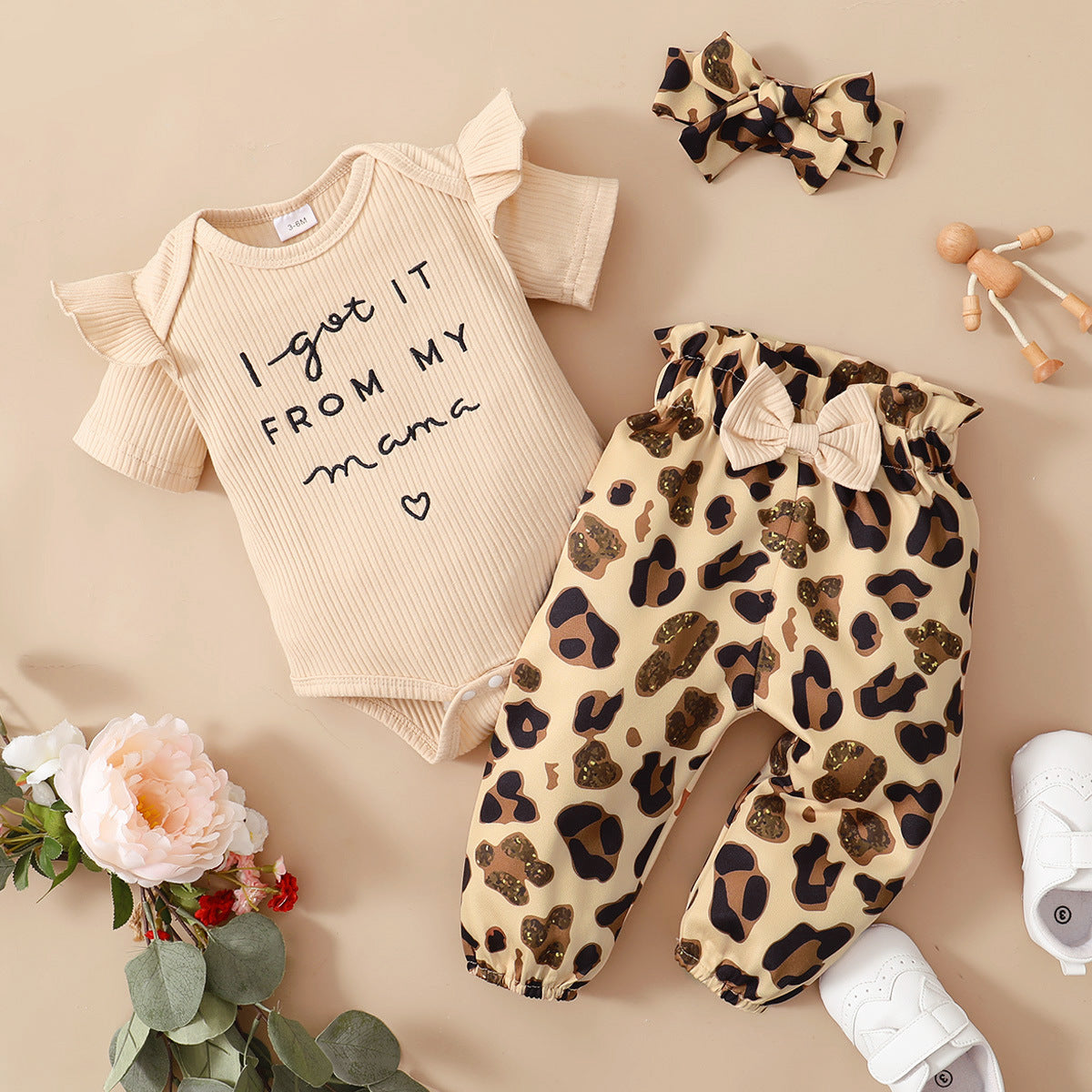 Amazon ebay new baby girl summer cute stylish knitted three-piece short-sleeved romper leopard print suit