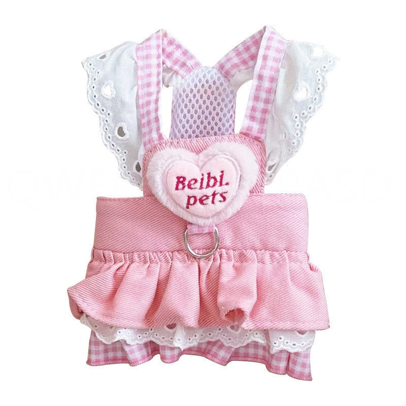 Pet spring and summer dog cat traction chest back 24 peach heart denim skirt clothes breathable chest back