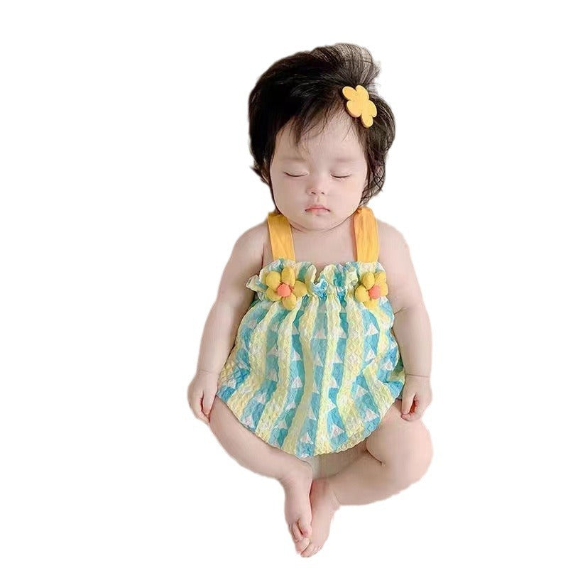 New summer Korean style baby girl three-dimensional flower striped sling lantern fart clothes trendy