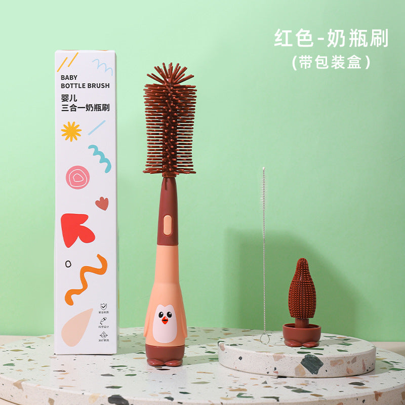Baby bottle brush penguin three-in-one bottle brush straw brush pacifier brush set water cup cleaning brush spot wholesale