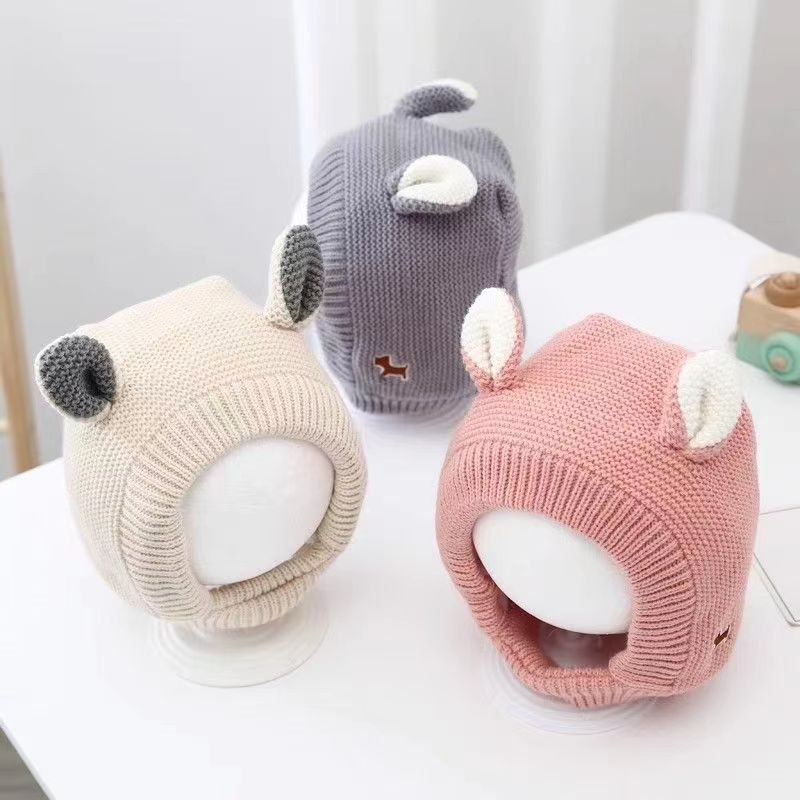 Baby hat autumn and winter newborn infant ear protection hat pure cotton cute warm boys and girls baby knitted plush hat